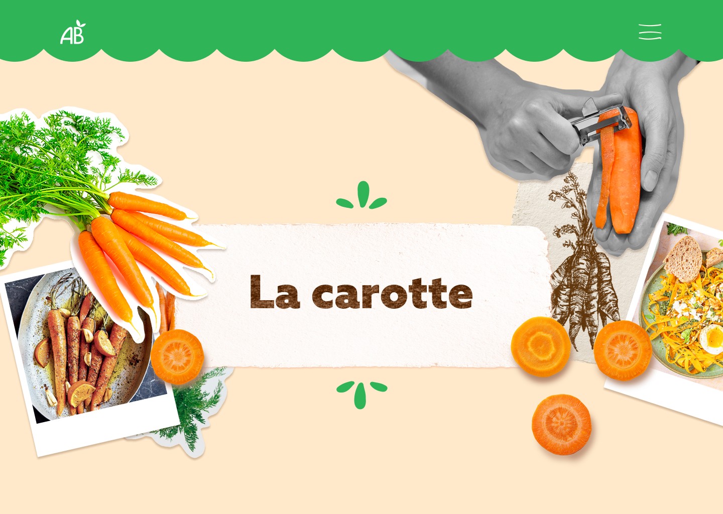 Section du site "ici on aime la bonne cuisine", avec un carnet montrant un collage fait de différents aliments.