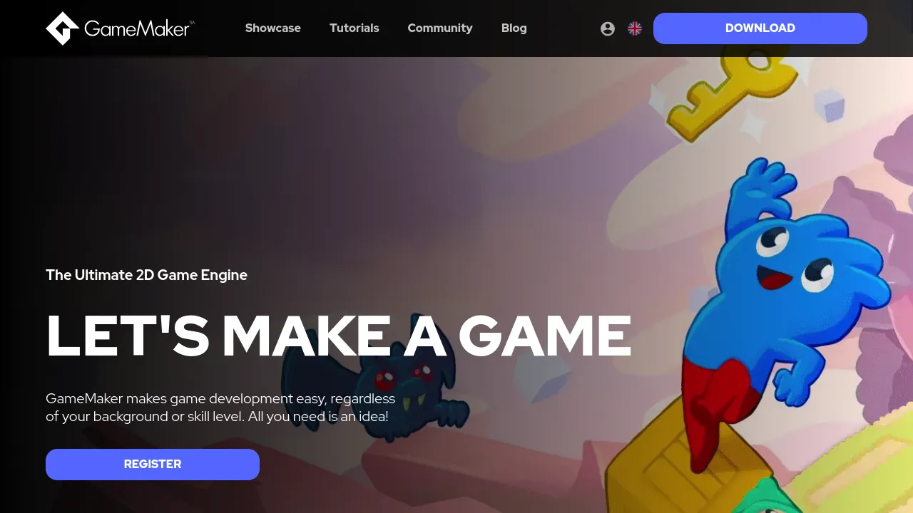 Screenshot of the GameMaker website illustrating accessible game development engine features