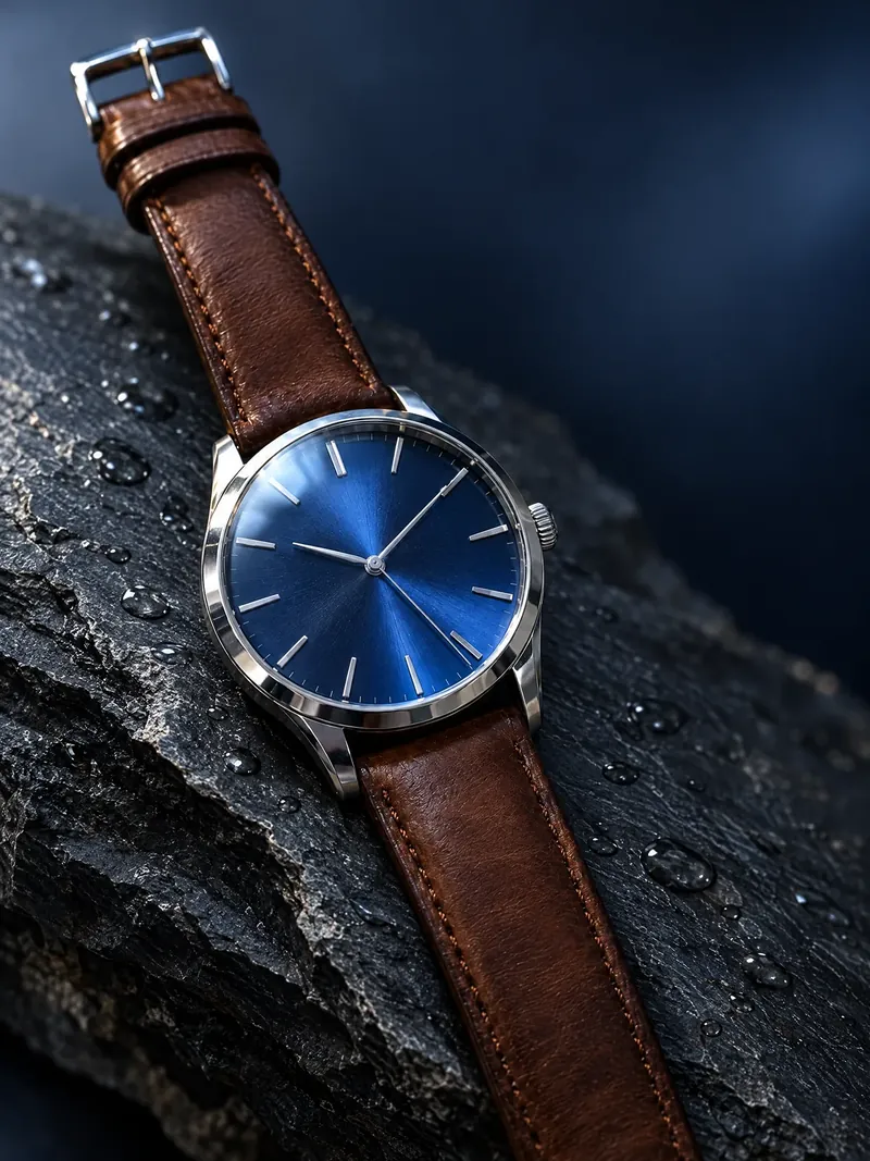 Mit KI erstelltes Werbebild: dieselbe Armbanduhr auf einer dunklen Schieferplatte mit Wassertropfen, seitliches Licht