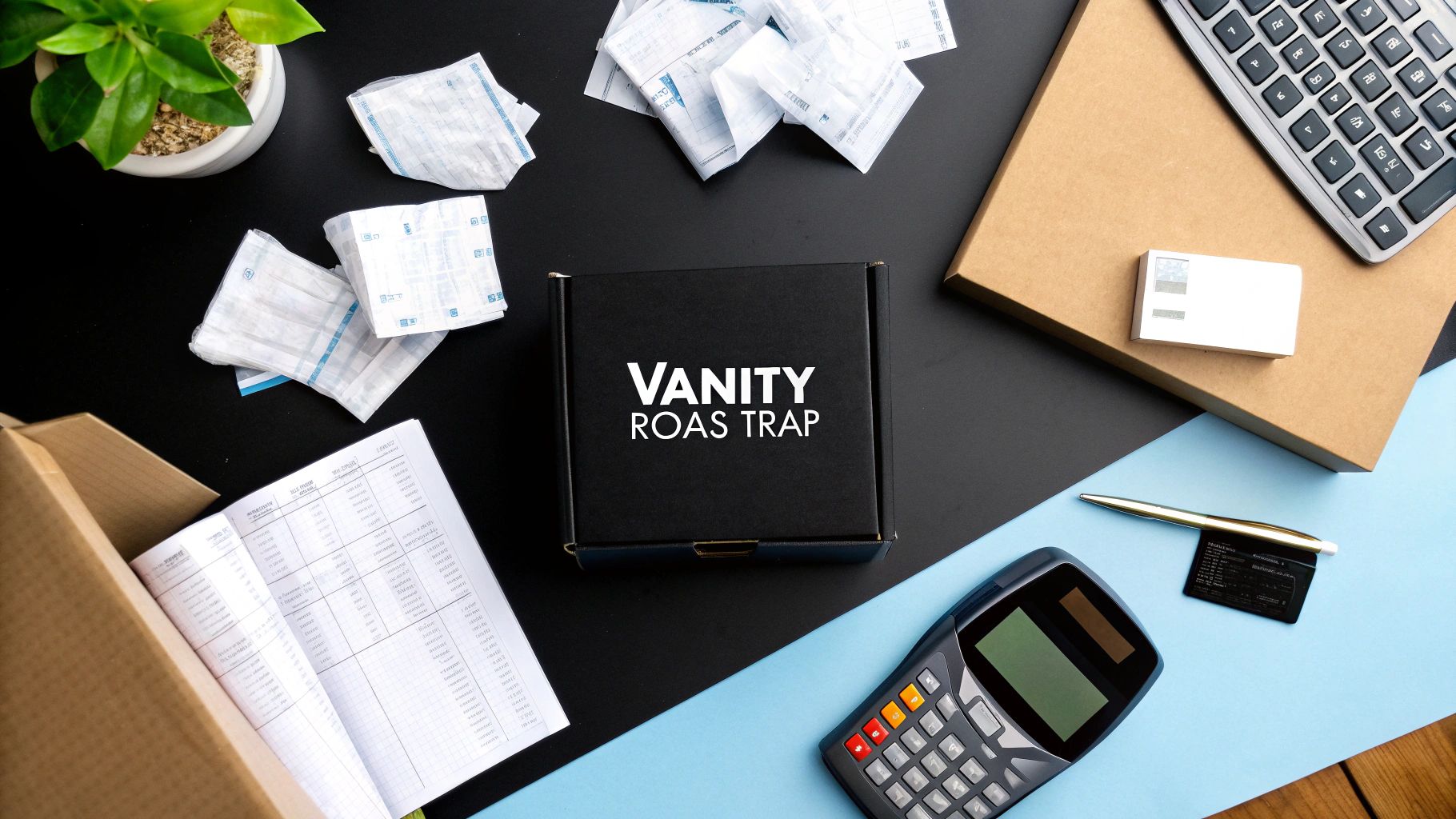 A top-down view of a desk with a 'VANITY ROAS TRAP' box, calculator, papers, and a plant.