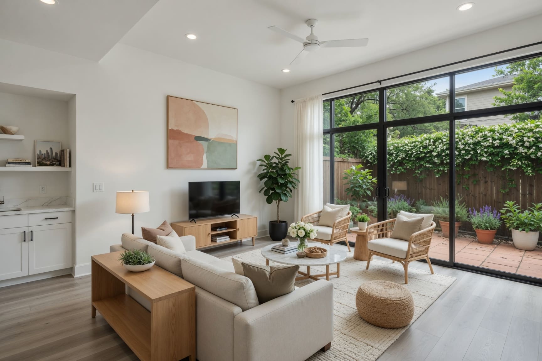 Living room with large artwork and floor-to-ceiling windows