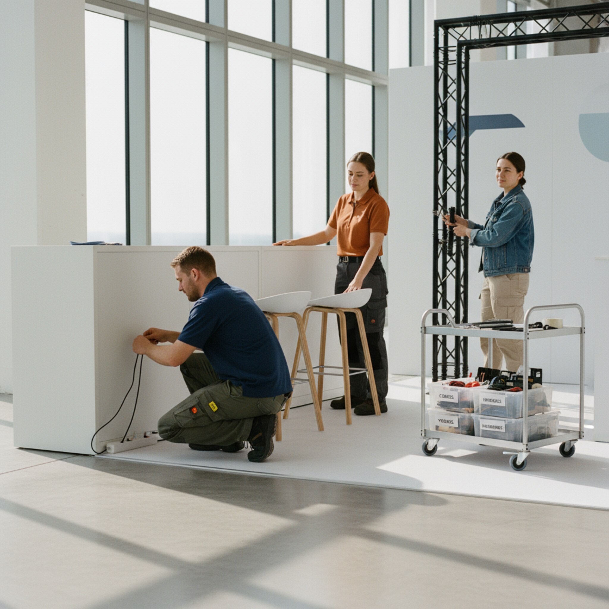 Ein Team richtet einen Messestand ein: Ein Techniker montiert eine Mehrfachsteckdose, eine Kollegin stellt Barhocker an einen Counter, ein weiterer befestigt ein kleines Truss-Element. Auf einem Wagen liegen sauber sortierte Materialien bereit, alles wirkt klar strukturiert.