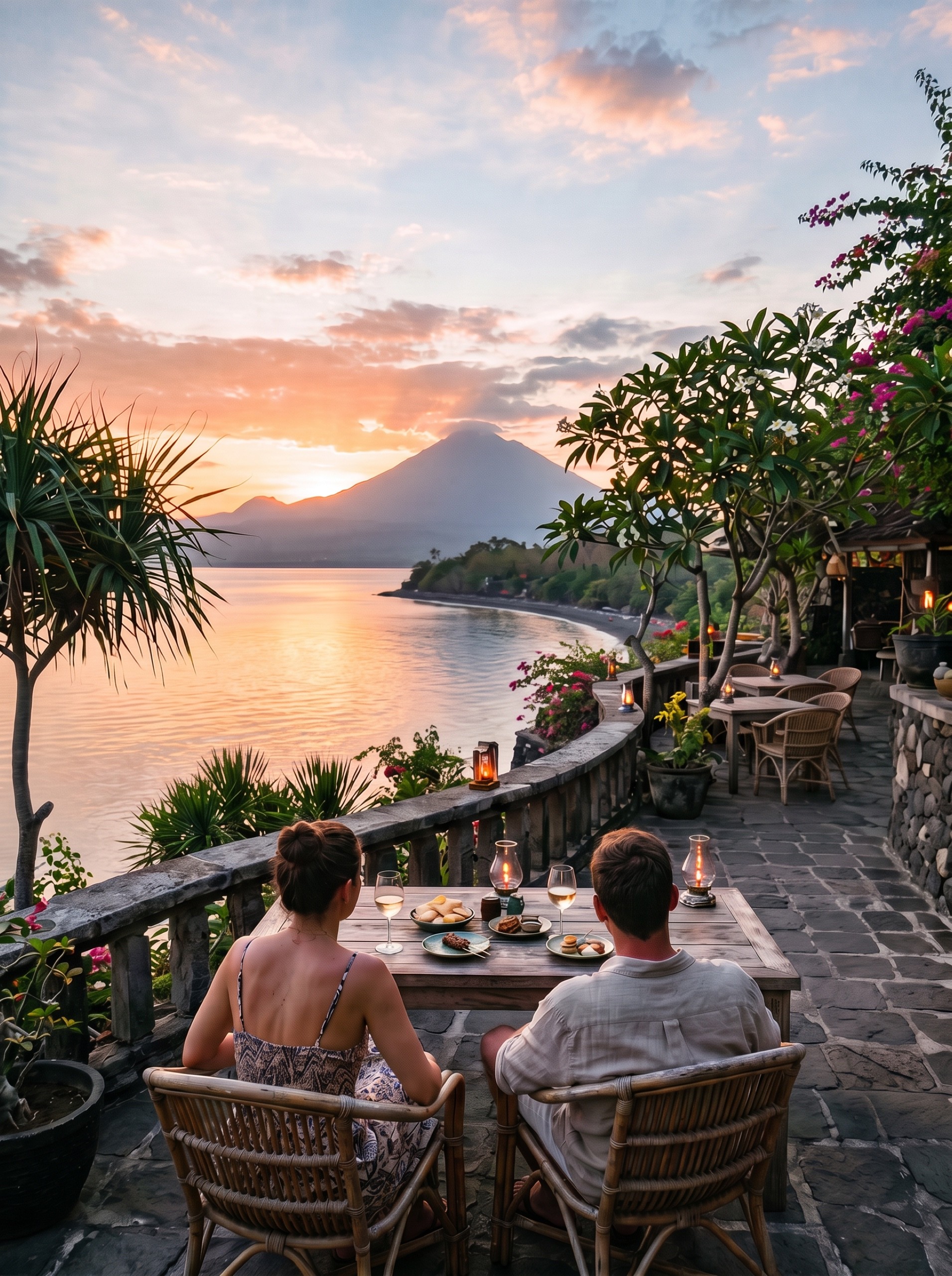 A couple with wine and small plates on a lantern-lit cliff terrace at sunset, the sun setting behind Mount Agung across the calm bay of Amed
