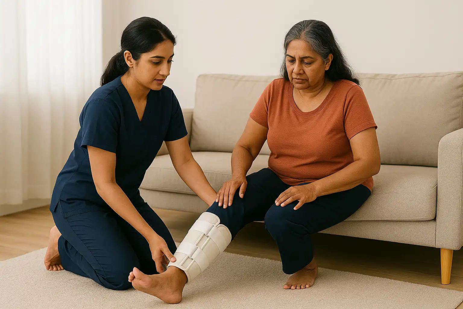 Post-surgery physiotherapy at home – therapist assisting an older woman wearing a leg immobilizer to improve mobility, strength, and recovery after lower-limb surgery.