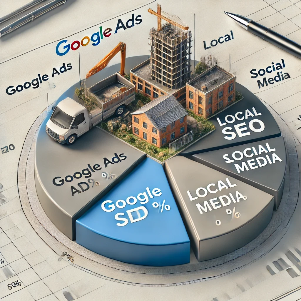 Répartition optimale d'un budget publicitaire dans le secteur BTP, incluant Google Ads, SEO local et partenariats locaux.