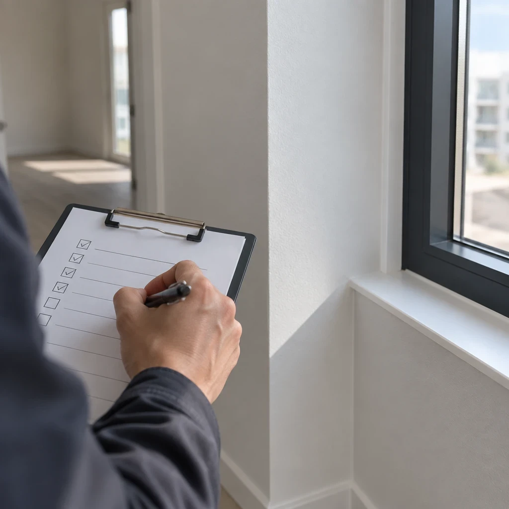 Main cochant une liste de contrôle près d’un cadre de fenêtre dans un logement neuf
