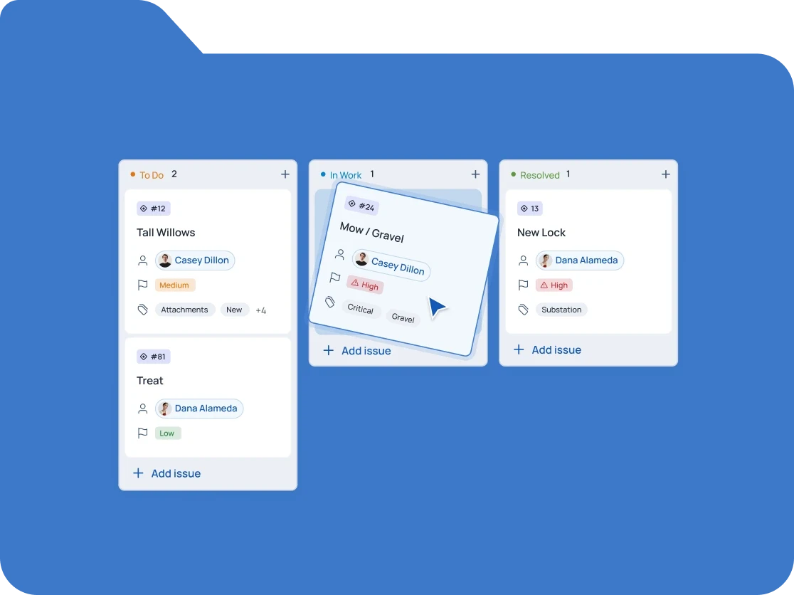 Kanban board interface for issue tracking.