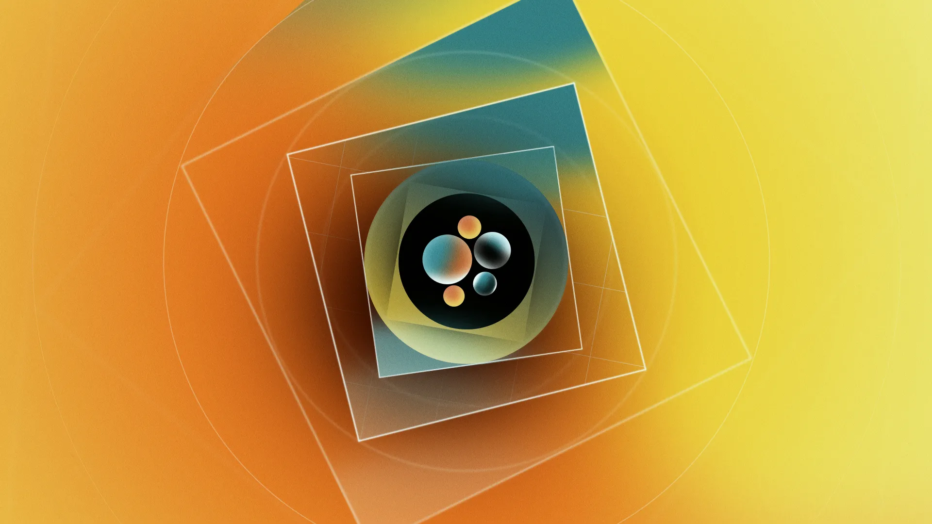 Abstract image featuring swirling orange and yellow hues, with a central circle and a hint of blue.