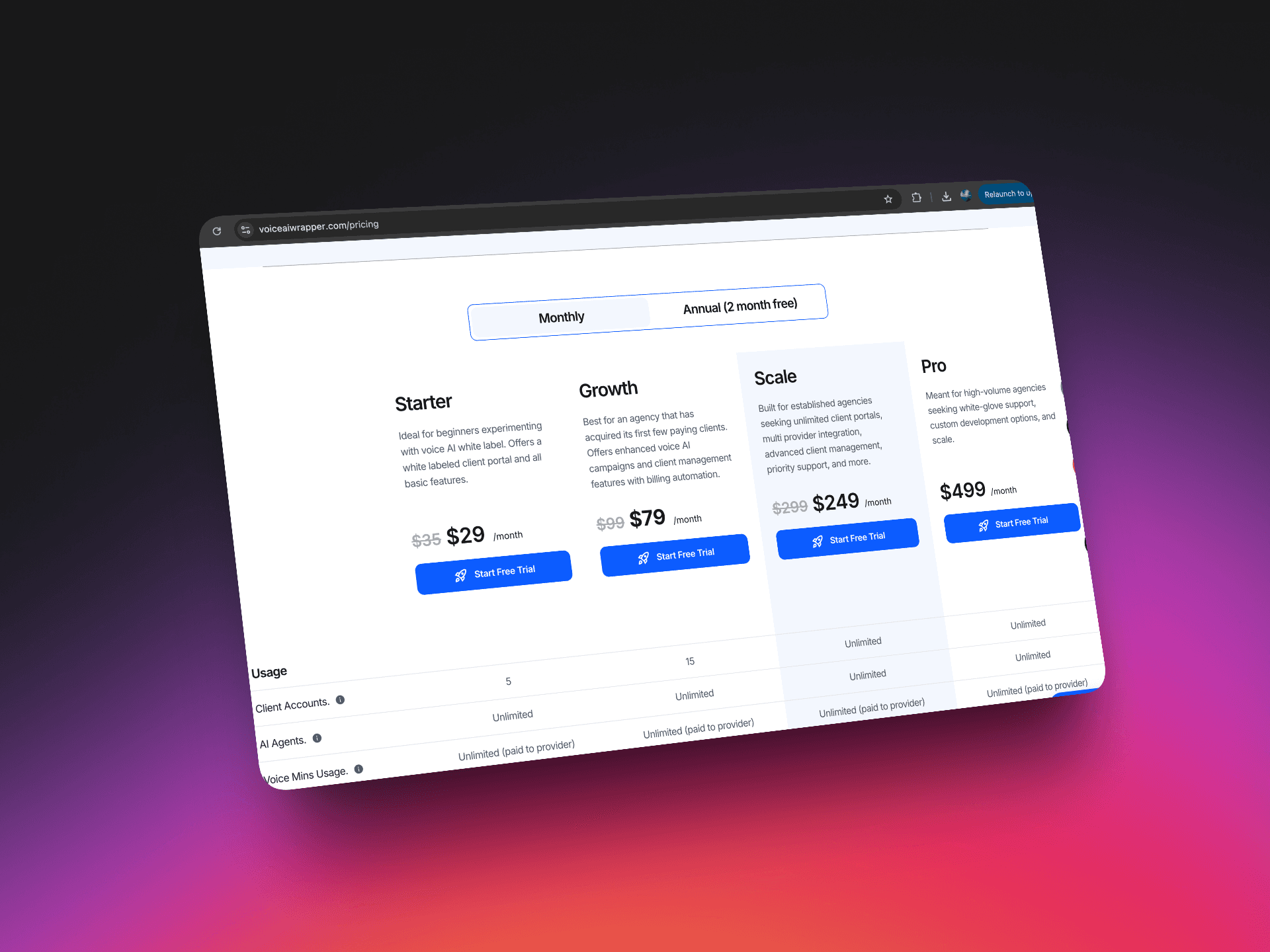 Best AI voice services white label pricing: 4 scalable plans from $29-$499/month with free trials and annual discounts | VoiceAIWrapper