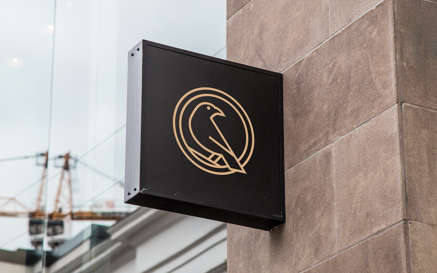 Sign outside of a shop with a raven logo for videography company Raven Visuals