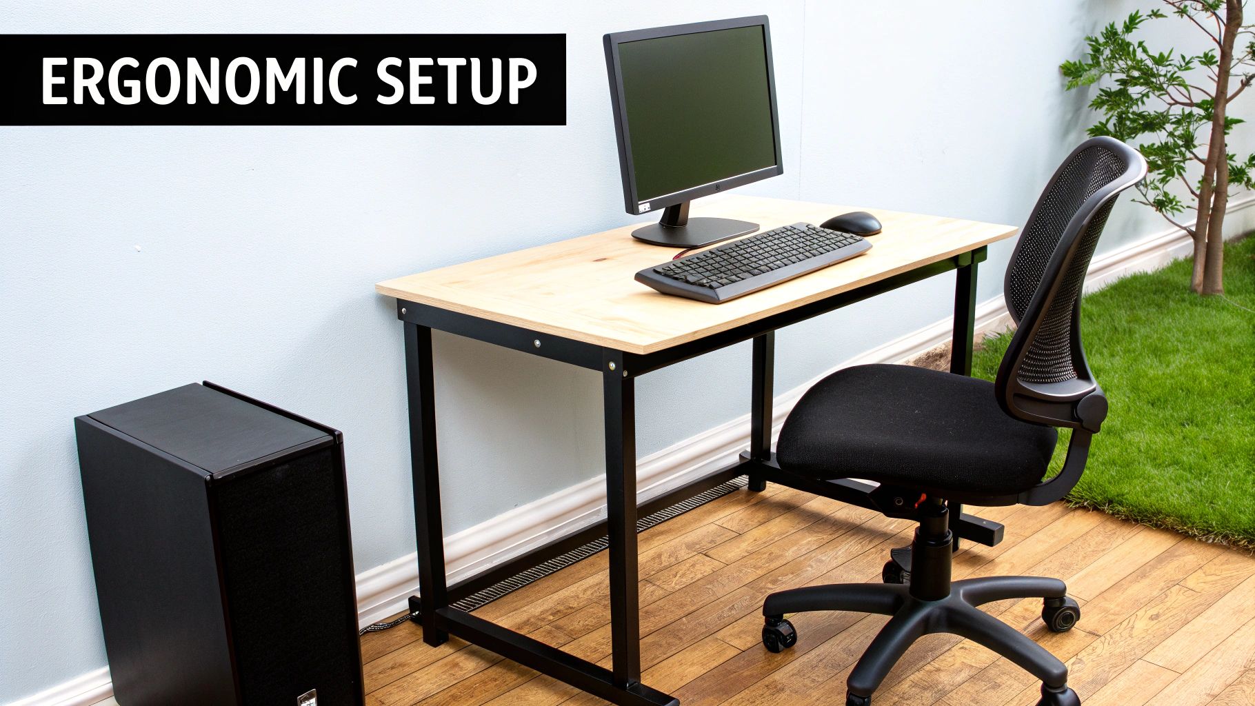 An ergonomic desk setup showing a person with proper posture, their elbows at a 90-degree angle, and their eyes level with the top of the monitor.