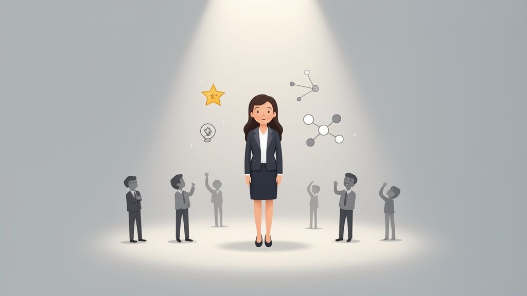 Female leader in a suit stands under a spotlight, surrounded by success icons and an admiring grayscale crowd.