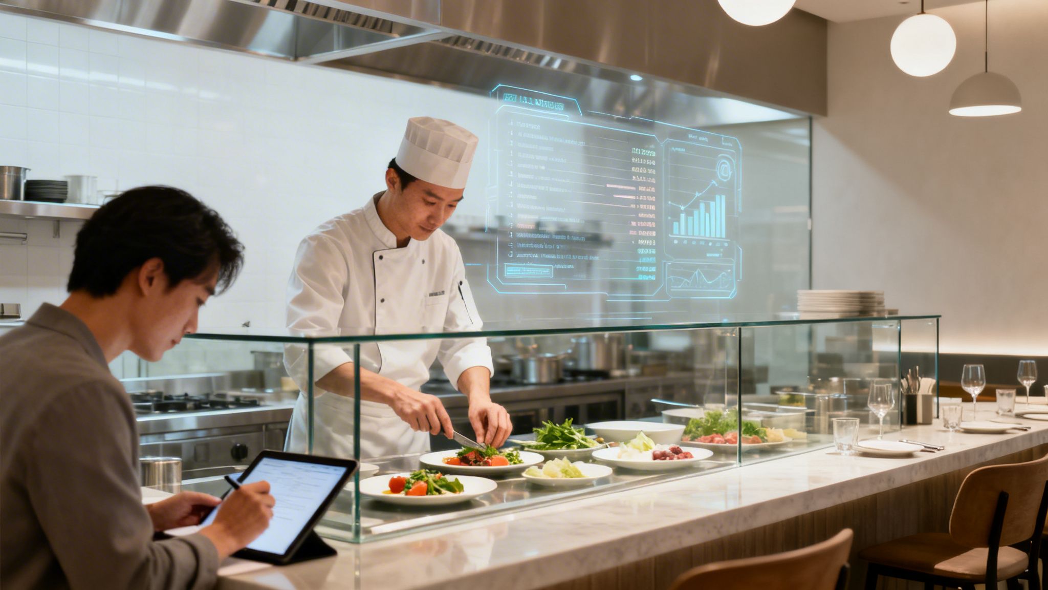 A chef prepares food in a modern digital kitchen with a man using a tablet and holographic data.