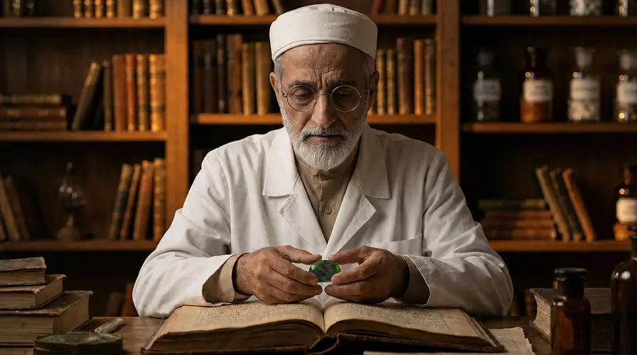 An elderly physician at a desk of open books, holding a green stone
