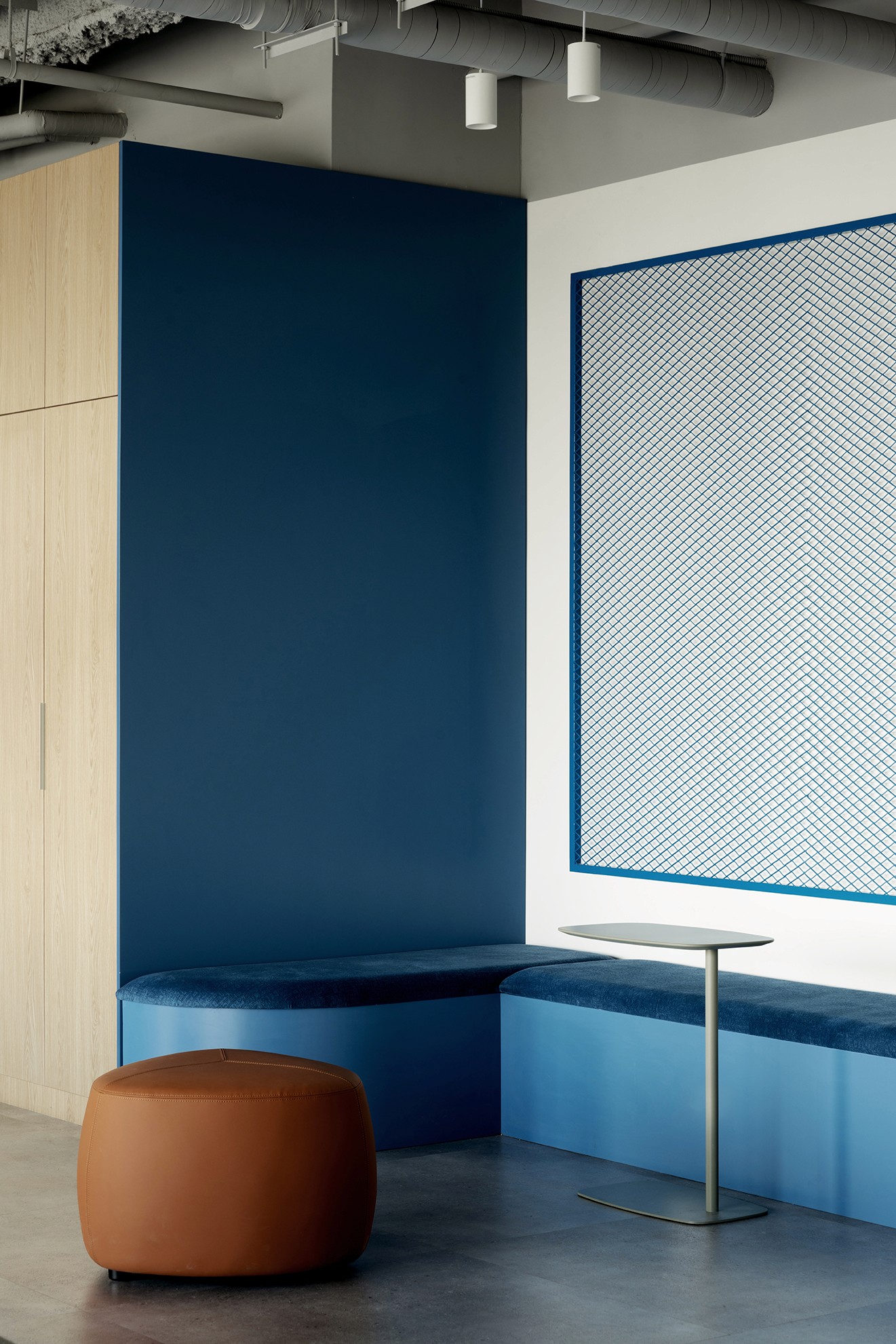 פרט עיצובי: חיפוי קיר בגוון כחול עמוק (צבע המותג) בשילוב טקסטורה עדינה, המייצר קונטרסט מול העץ הבהיר