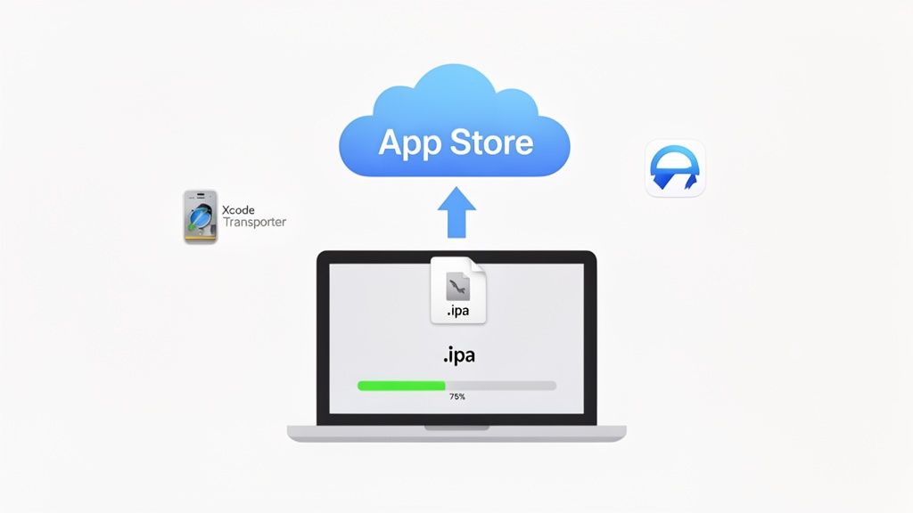 Diagram showing the process of submitting an IPA app file from a laptop to the App Store.