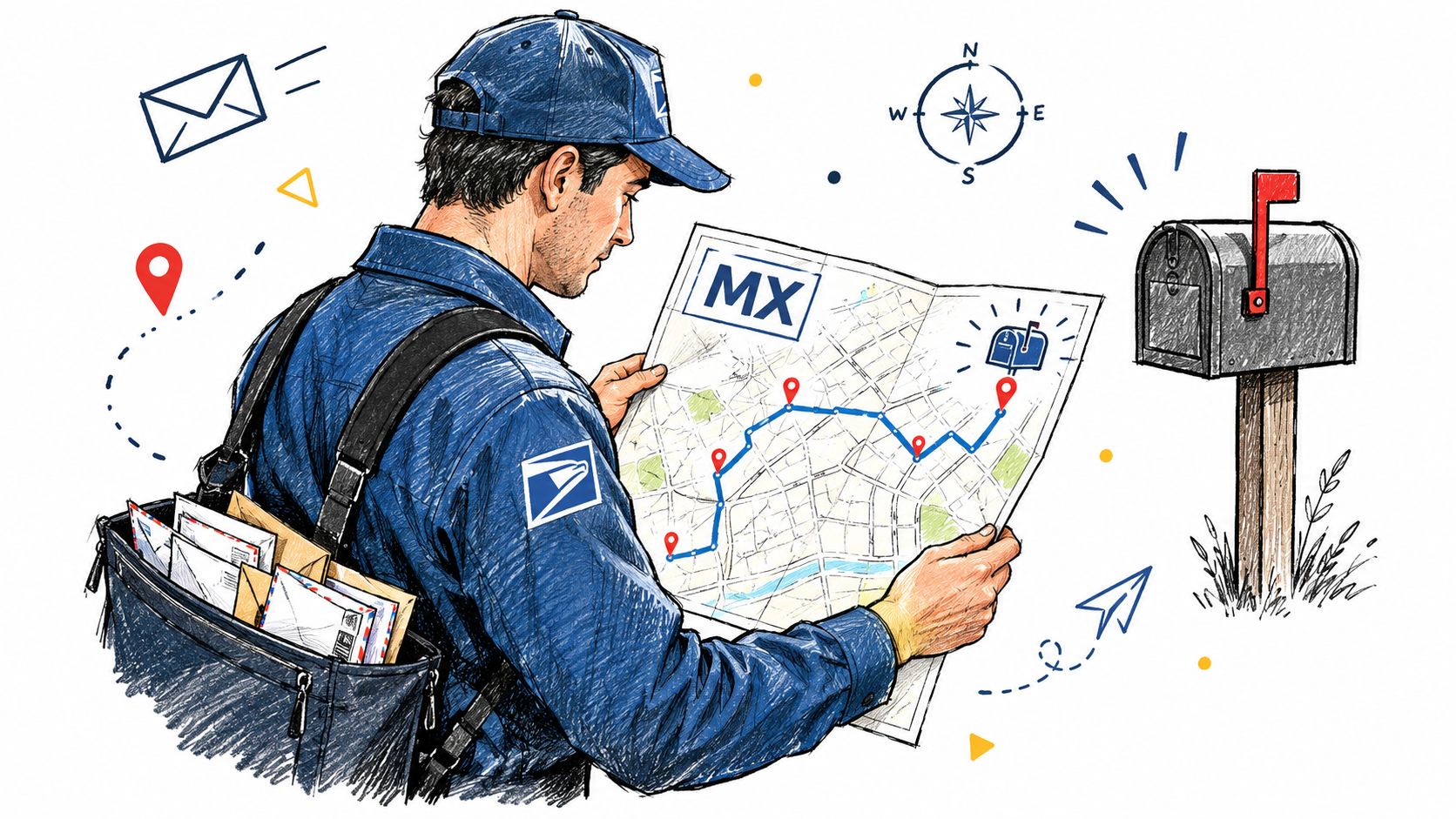 A postal worker in uniform looks at a map while holding a bag of mail near a mailbox.