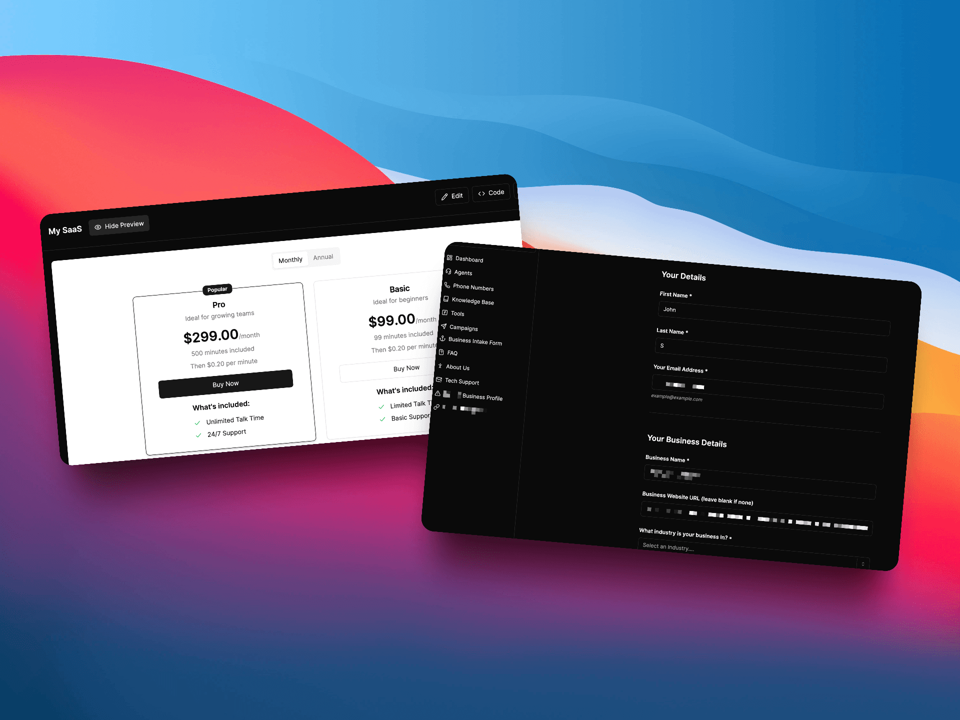 Retell AI white label for agencies with Built-in client onboarding automation. | VoiceAIWrapper offers built-in automations that handle client sign-up, onboarding, payment, and AI agent provisioning—automate the core deliverables that take up 99% of your time. | Three-screen onboarding workflow: Branded "My SaaS" pricing page displaying Pro ($299/month, 500 minutes, 24/7 Support) and Basic ($99/month, 99 minutes, Basic Support) tiers with "Buy Now" buttons and monthly/annual toggle; Navigation menu interface; Automated onboarding form collecting "Your Details" (First Name*, Last Name*, Email*) and "Your Business Details" (Business Name*, Website URL, industry dropdown)—complete automated client sign-up to provisioning workflow. | VoiceAIWrapper.