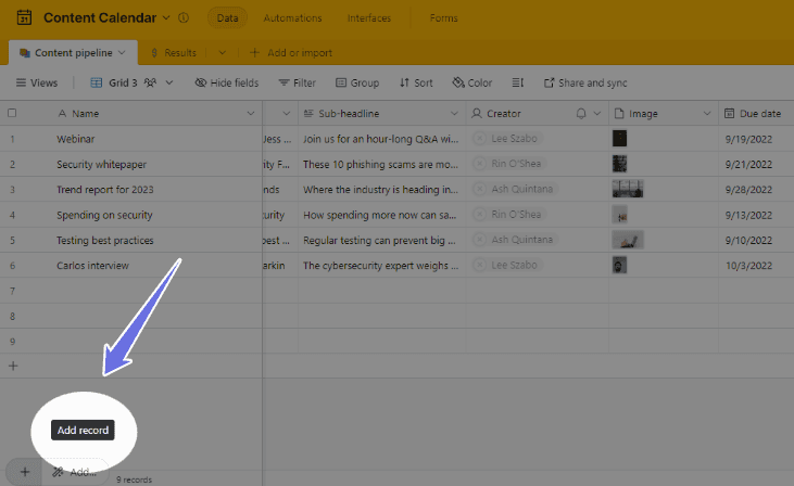 Airtable records allowing you to add each individual's data to your table.