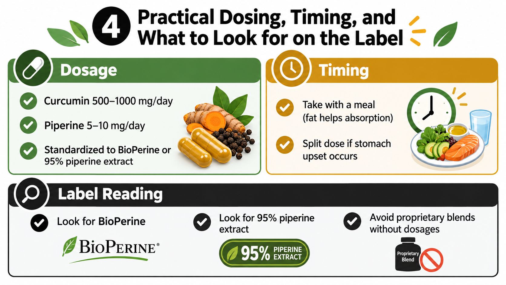 An infographic detailing recommended daily dosages, optimal timing, and key label features for turmeric and piperine supplements.