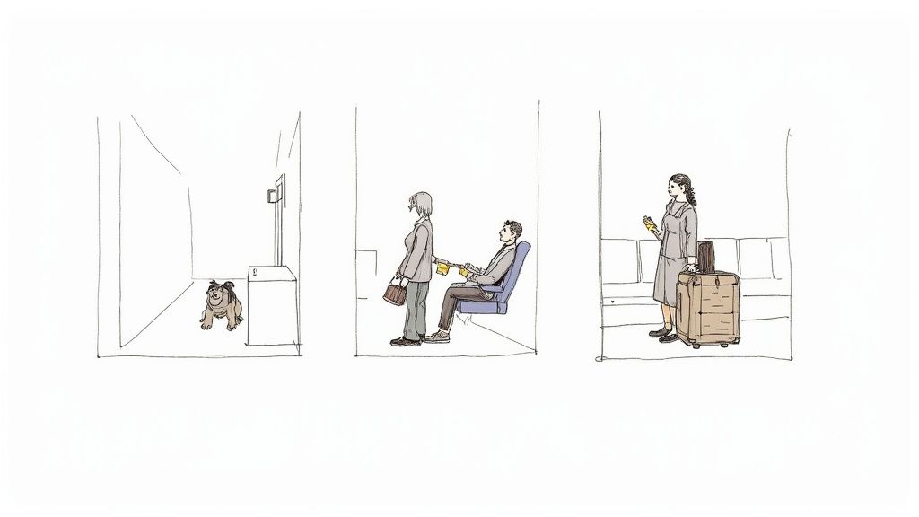 Three panels illustrate pet travel: a dog, a man with a carrier, and a woman with luggage.