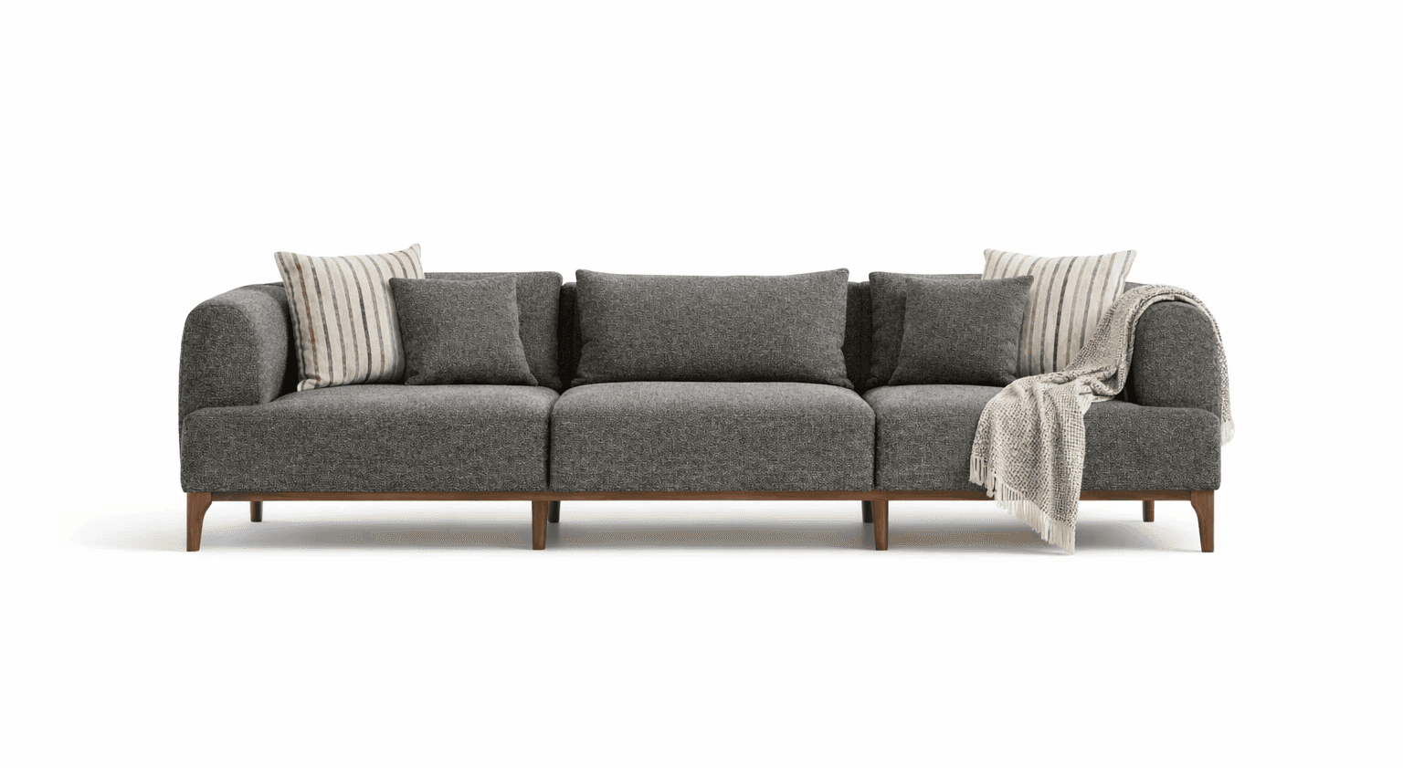 Deep-seated grey fabric seating with loose back cushions and exposed wooden feet