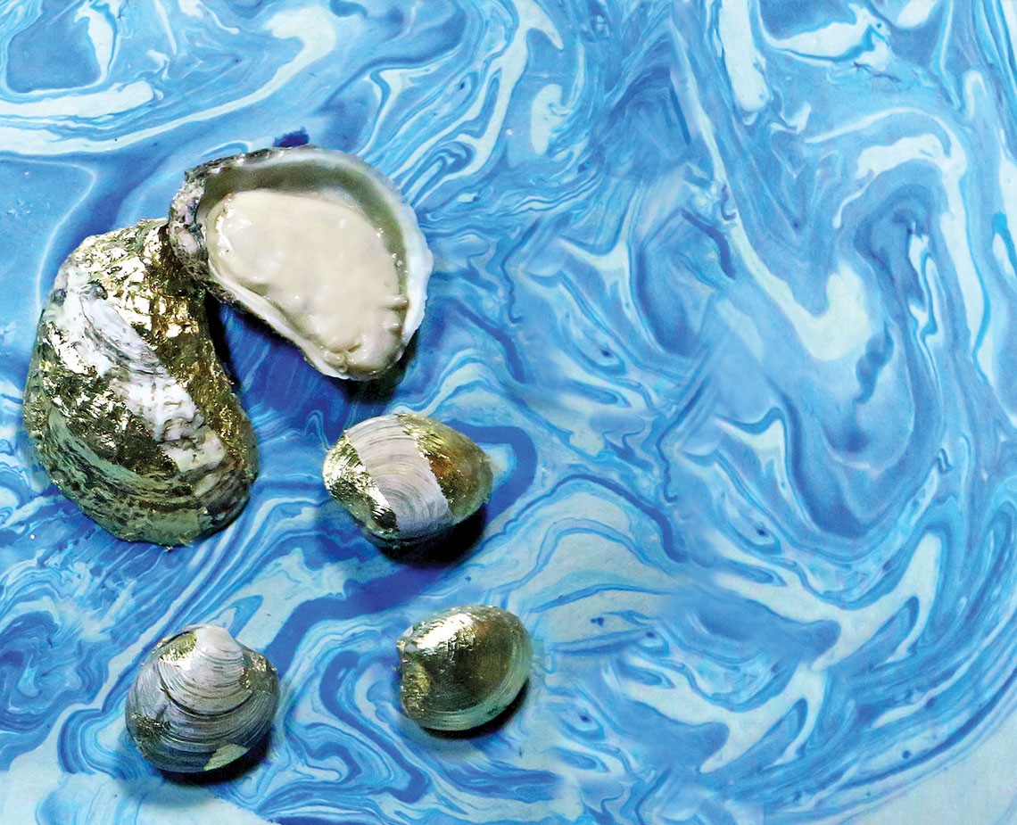 The image shows four open oysters resting on a surface of blue and white marbled water. One oyster is positioned slightly apart from the others, with its shell displaying a mix of white and gold tones. Two other oysters are clustered together, with one showing a predominantly white interior and the other containing a gold/bronze interior. The fourth oyster is situated separately from the others. The surface beneath the oysters is smooth and reflective, with light playing off its glossy surface.