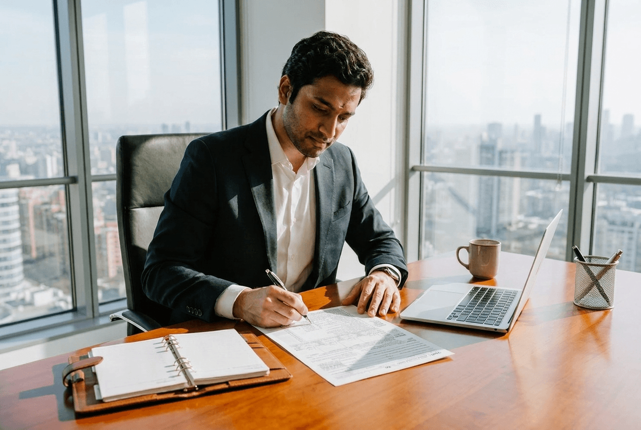A man signing documents on Stock Options and Benefits