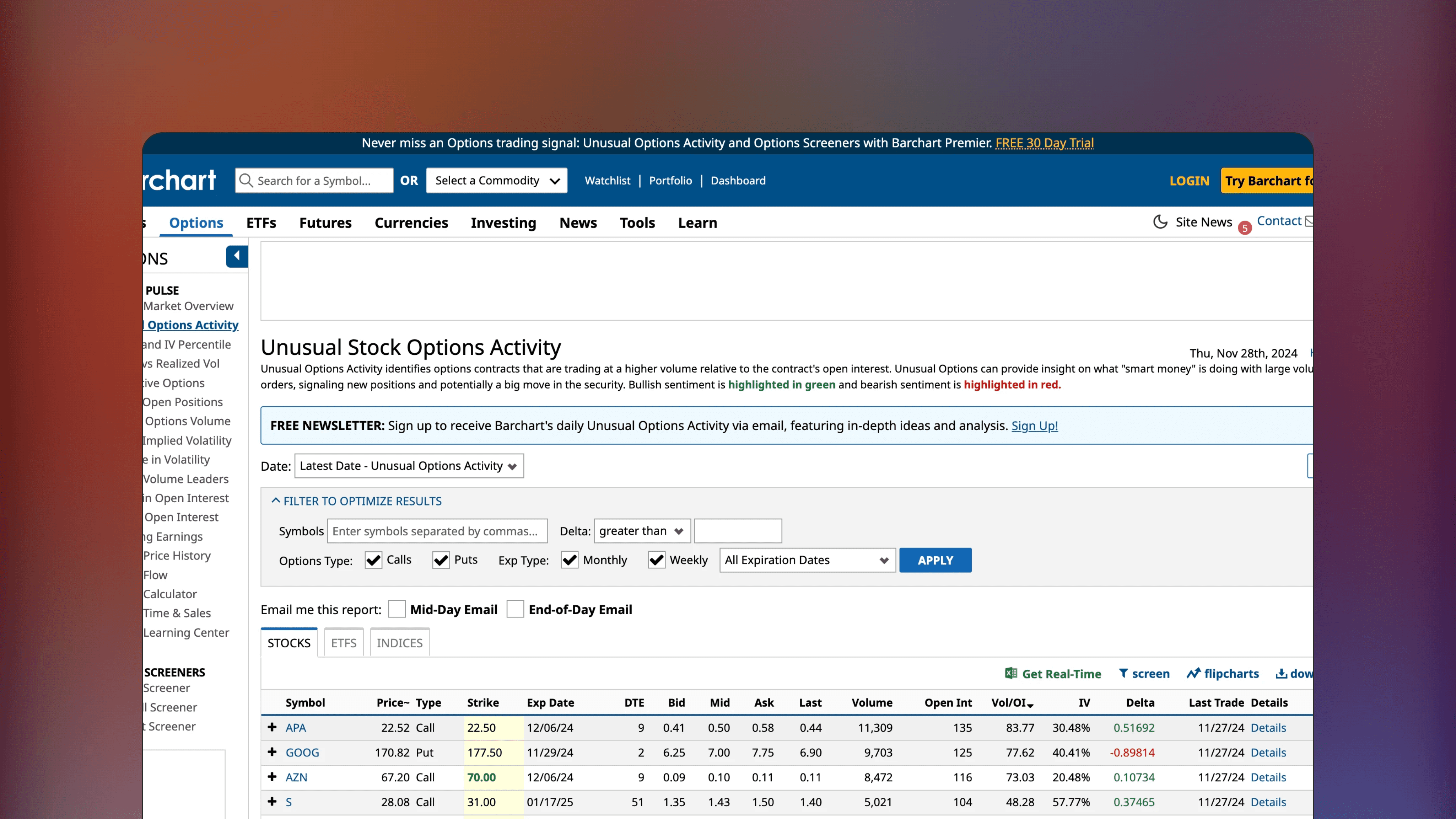 Website preview of Barchart Options, trade analytics orderflow platform featuring an options chain with Greeks and implied volatility data.