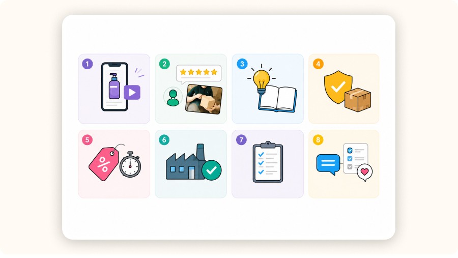 Minimalist vector illustration featuring eight numbered content category cards