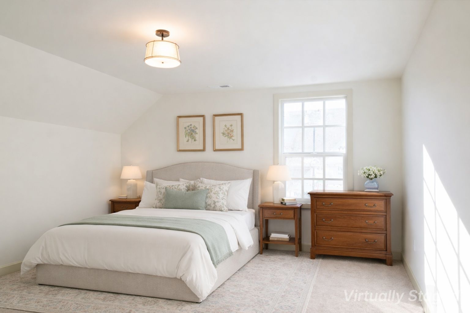 Virtually staged second bedroom with queen bed and dresser.