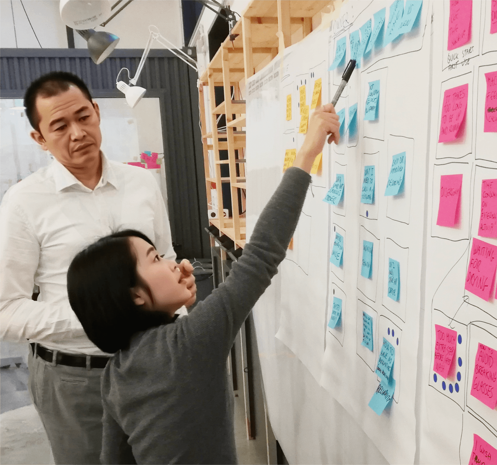 Facilitazione con stakeholder internazionali davanti a una board piena di insight