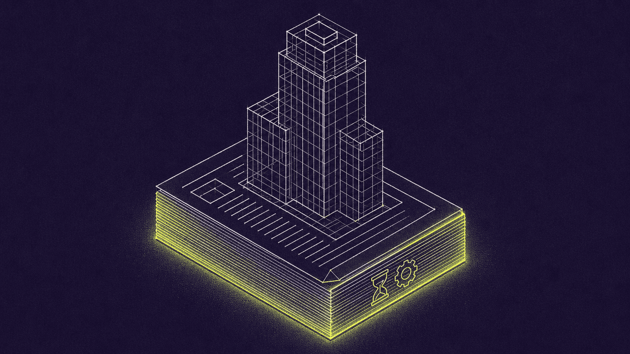 Illustration of contracts and a building on top