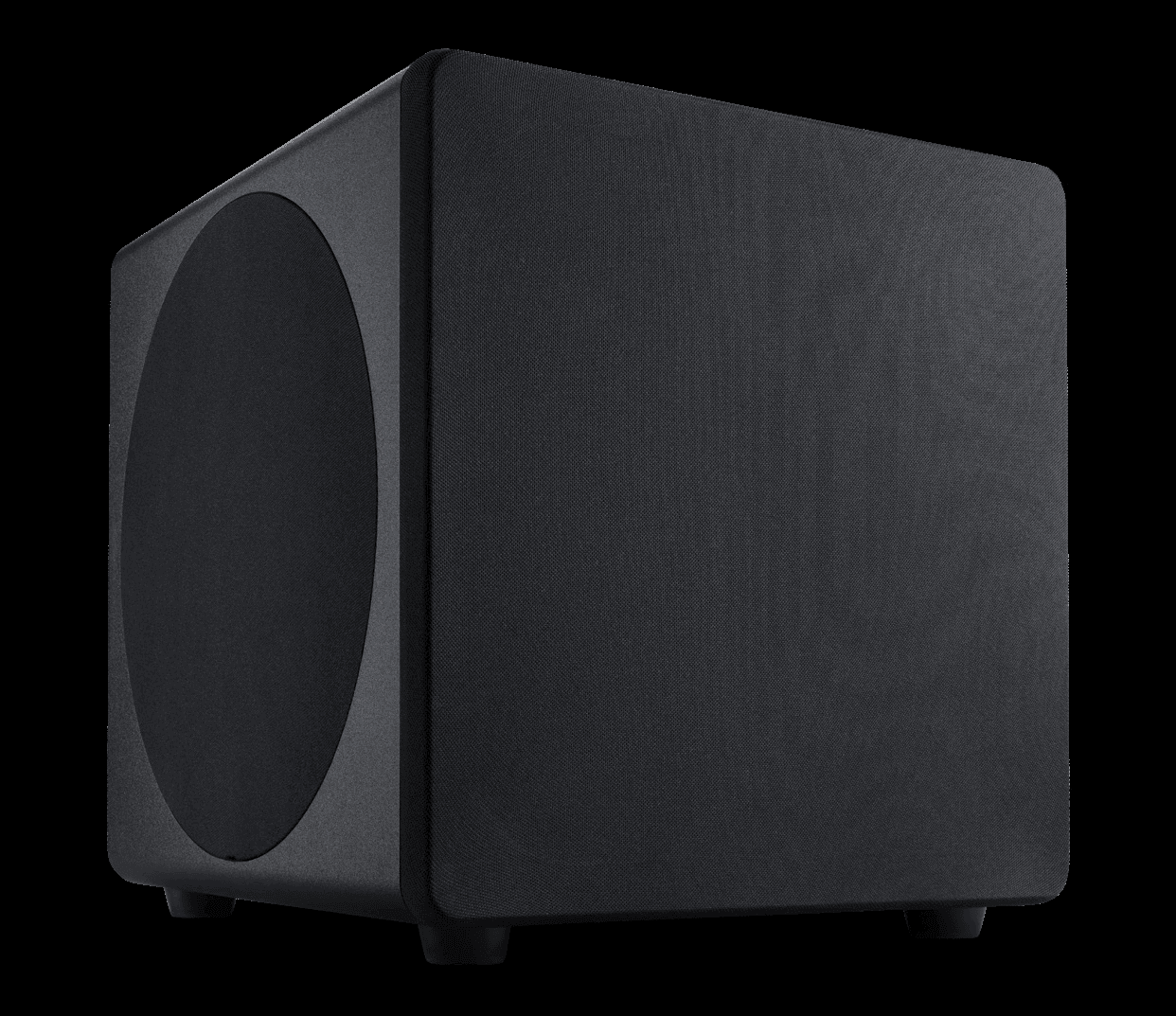 Black cubic subwoofer speaker with visible round woofer