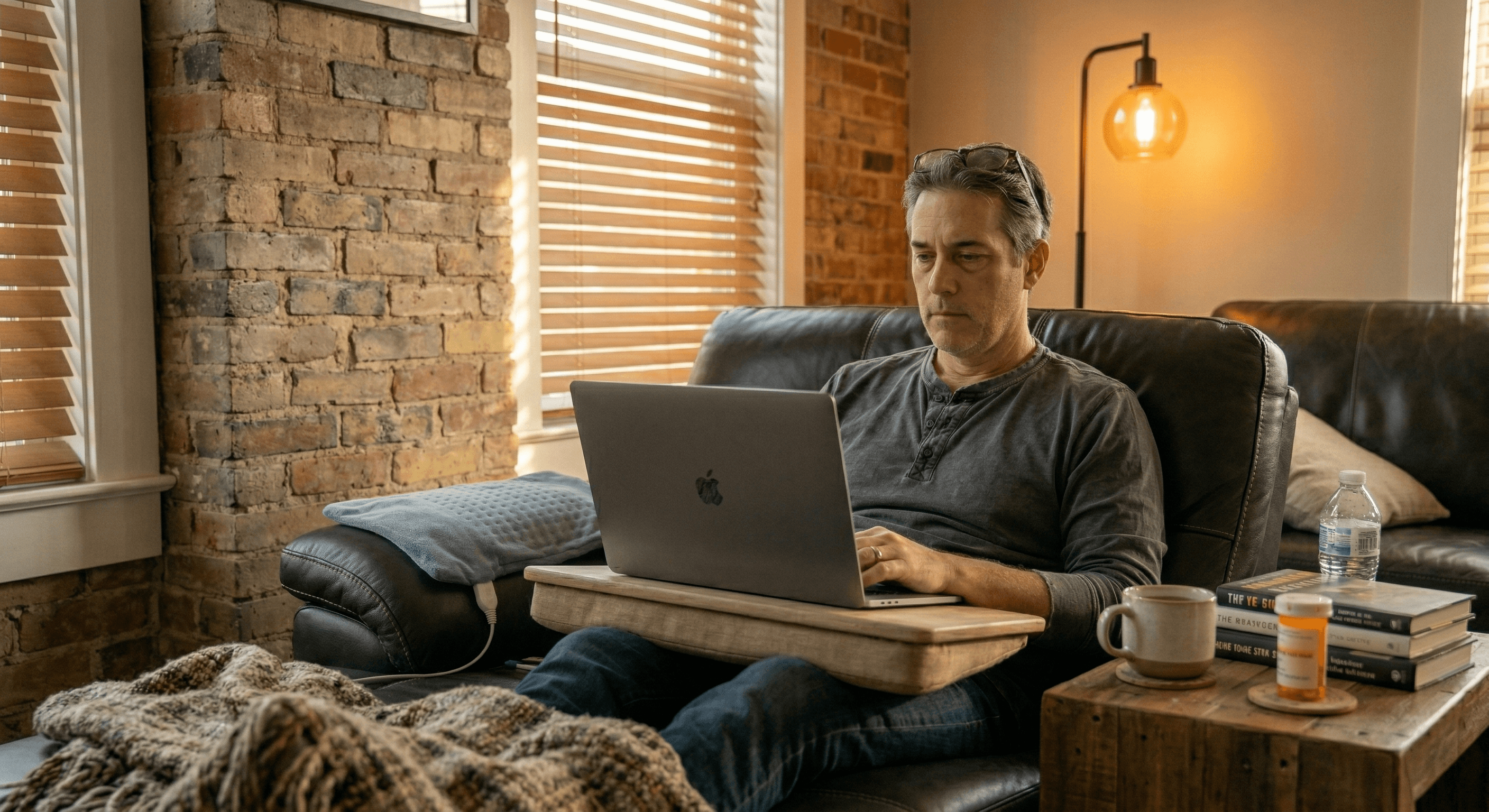 Man with a chronic condition working from home on a couch with a heating pad, using a remote work accommodation under the ADA