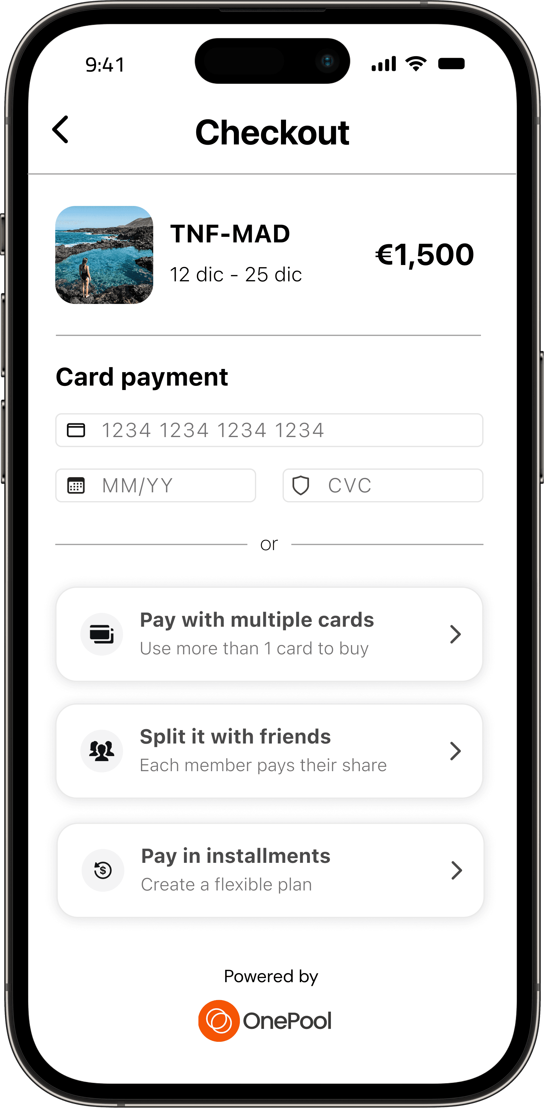 Mobile interface of OnePool showing group payment progress for a shared trip, with participant status, individual share amount, and payment button.