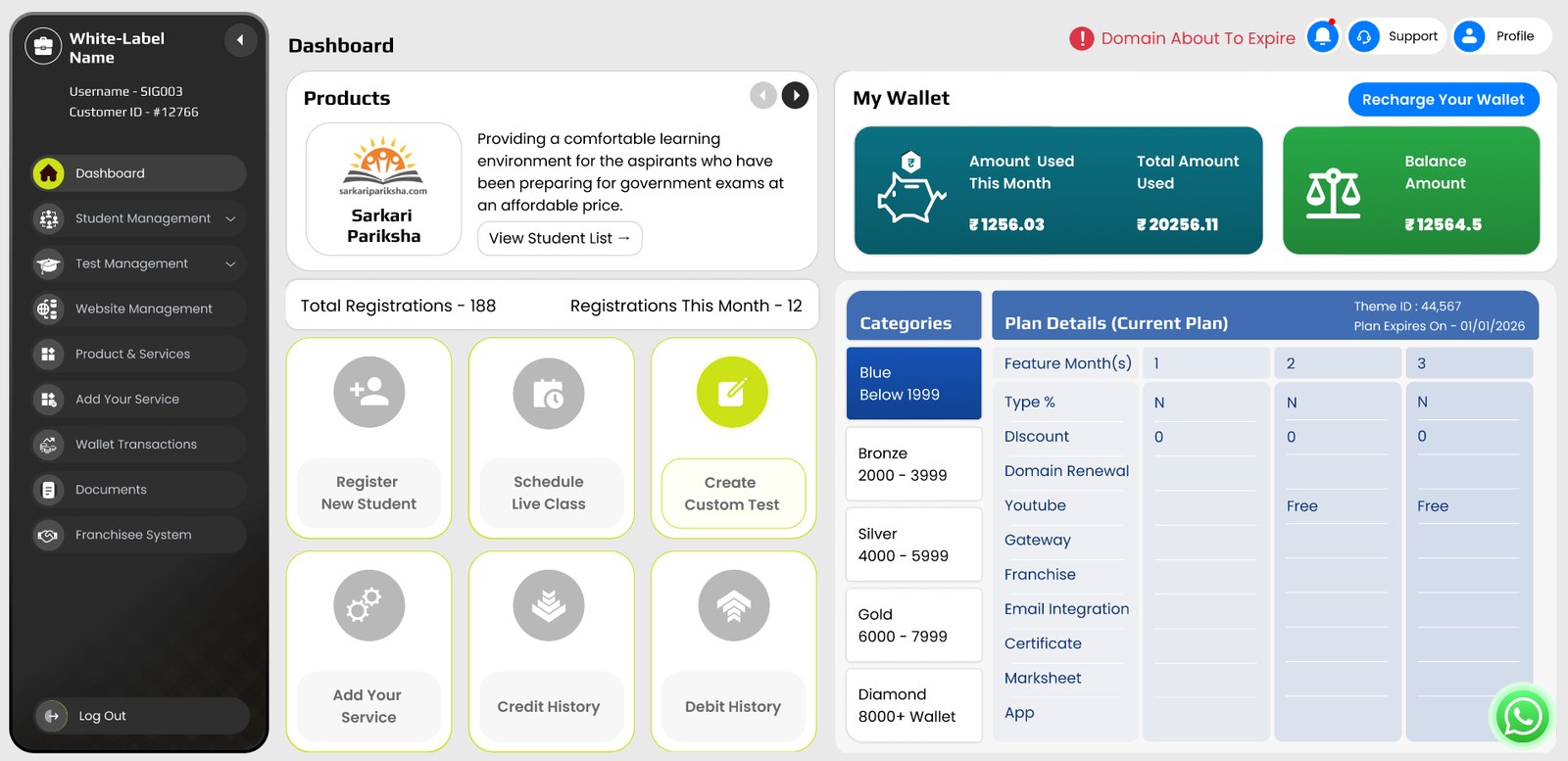 Rebuilt dashboard with wallet, products and quick actions