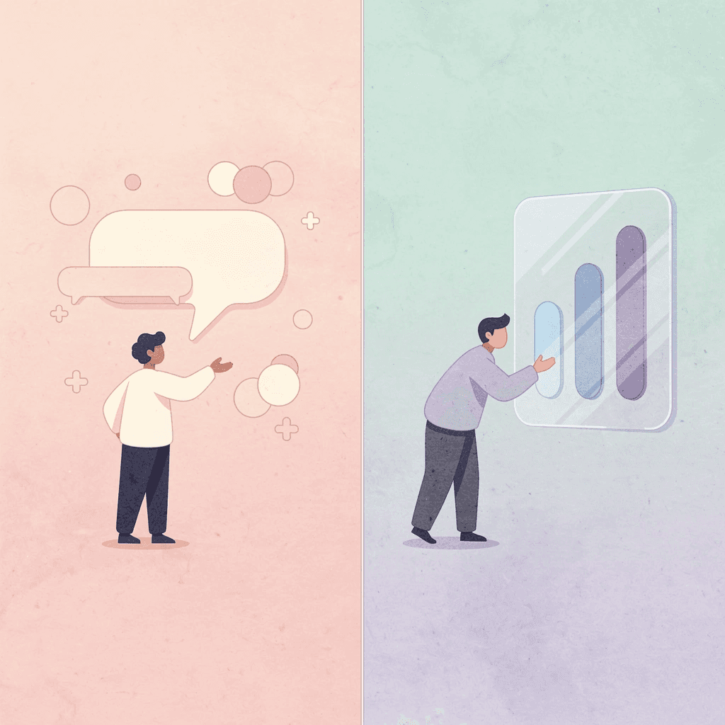 Illustration contrasting scripted conversation practice with natural dialect conversation