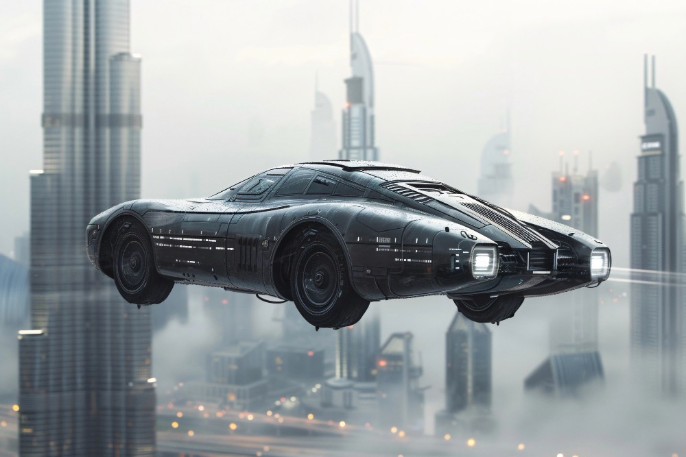 A dark, sleek flying car hovering above a misty futuristic city skyline