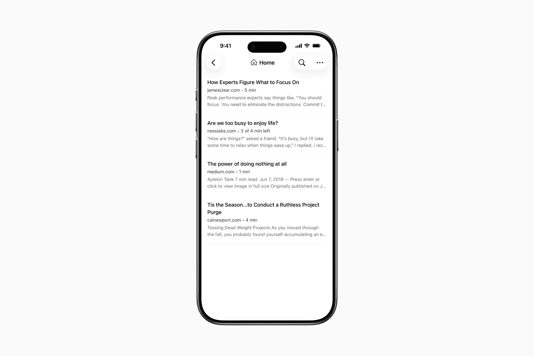 Instapaper app home page