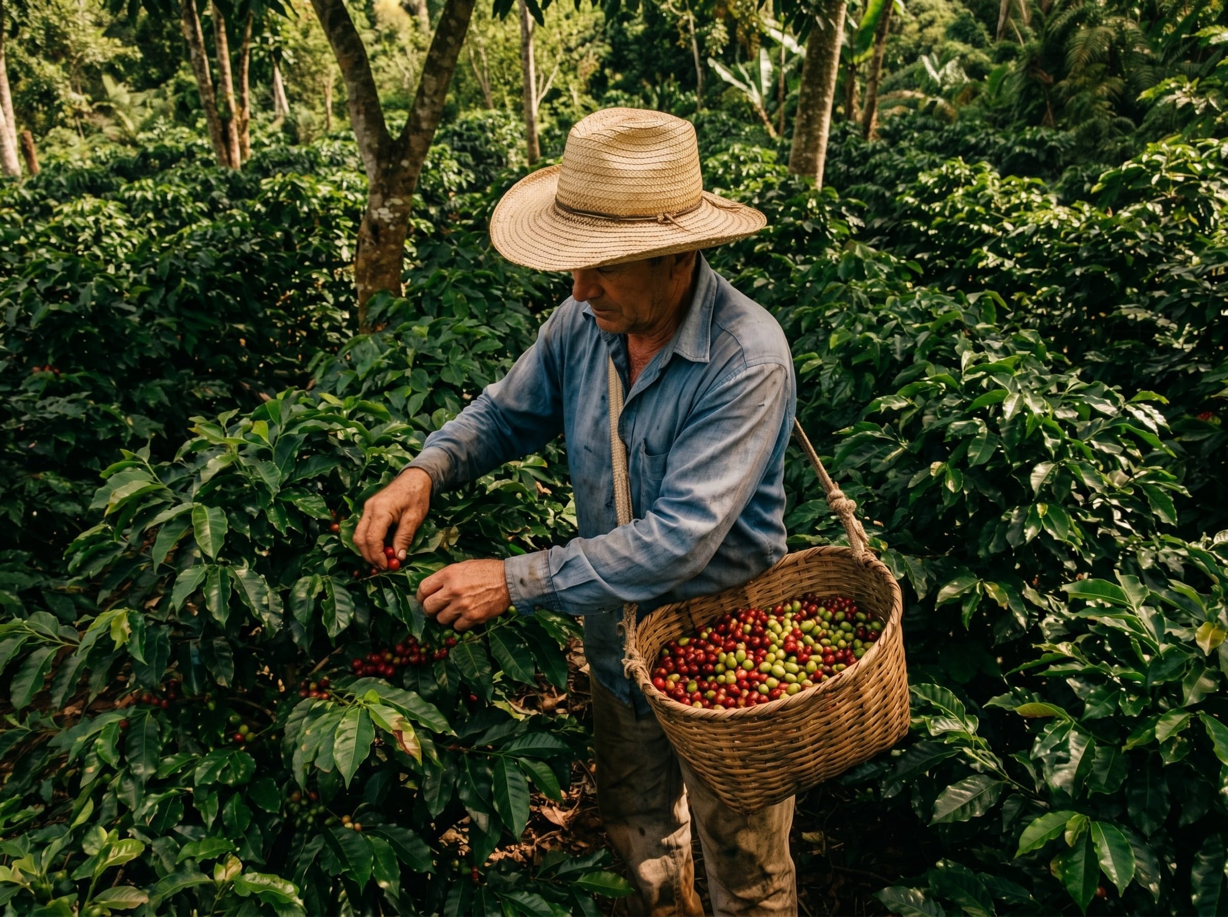 Coffee farmer harvesting beans