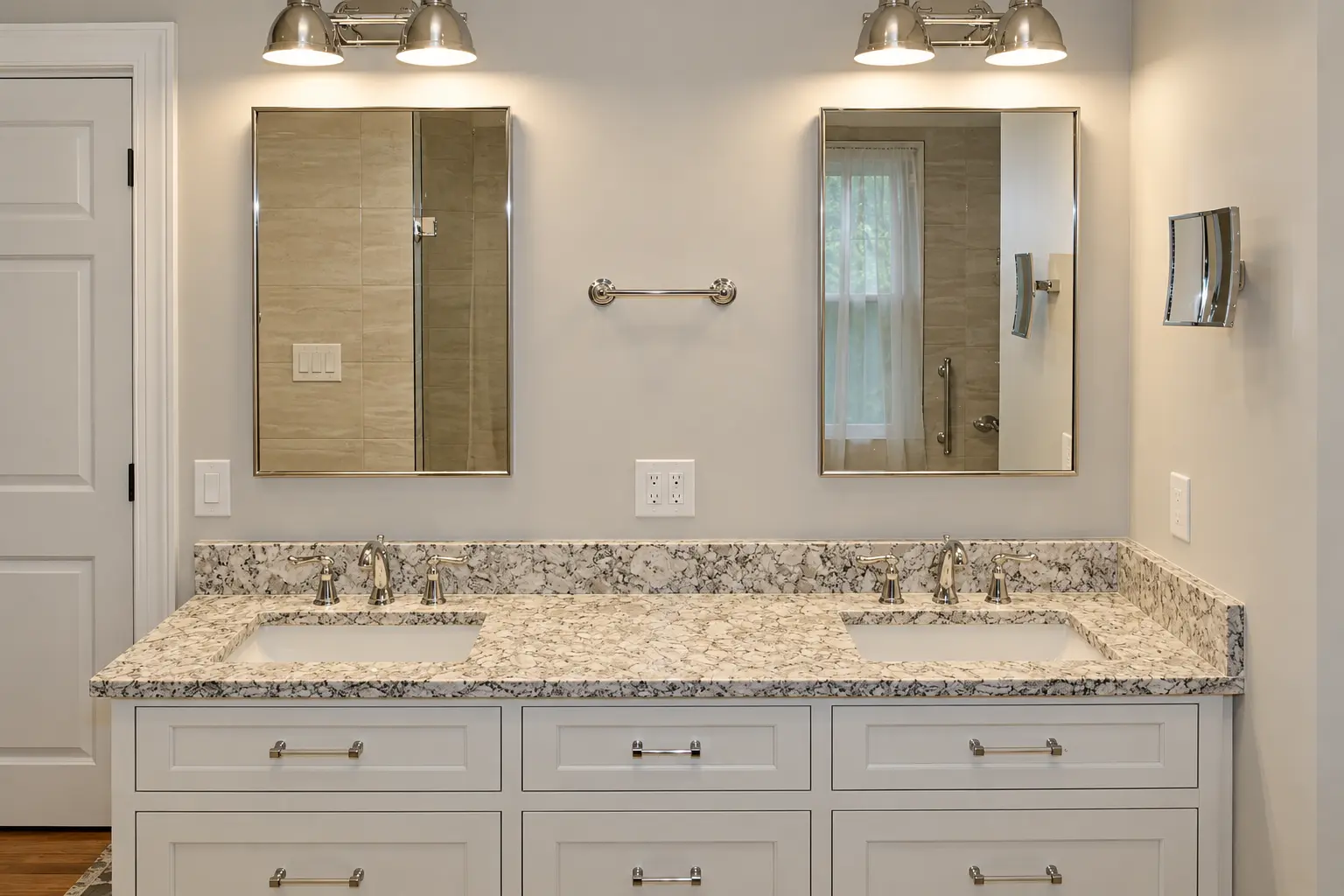 renovated bathroom with double vanity and two mirrors