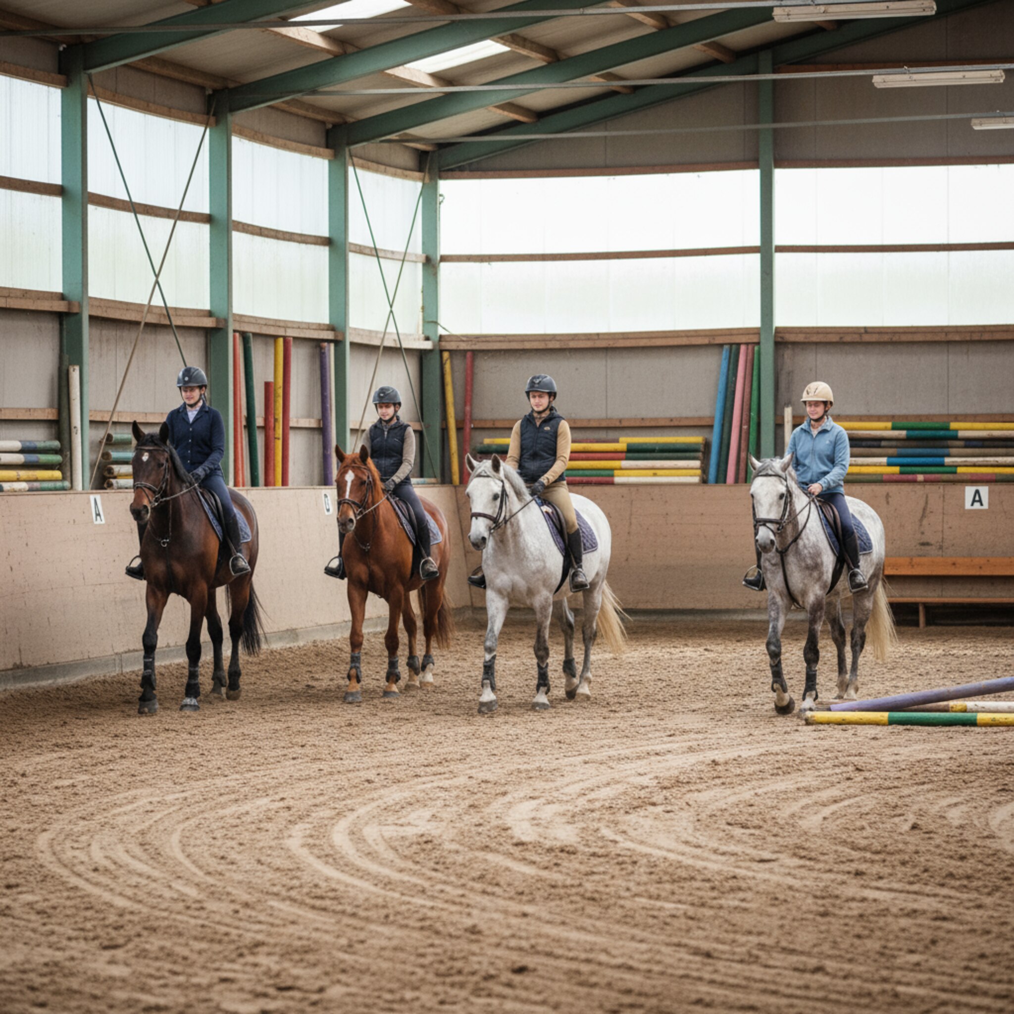 Im Rechteck der Halle reiten drei Paare gleichmäßig versetzt, jeder hält Abstand auf der Bahn. Auf der kurzen Seite wartet eine Reiterin, bis der Zirkel frei ist. Die Hindernisse stehen ordentlich gestapelt an der Wand. Das Licht ist klar, die Ordnung der Abläufe spürbar.