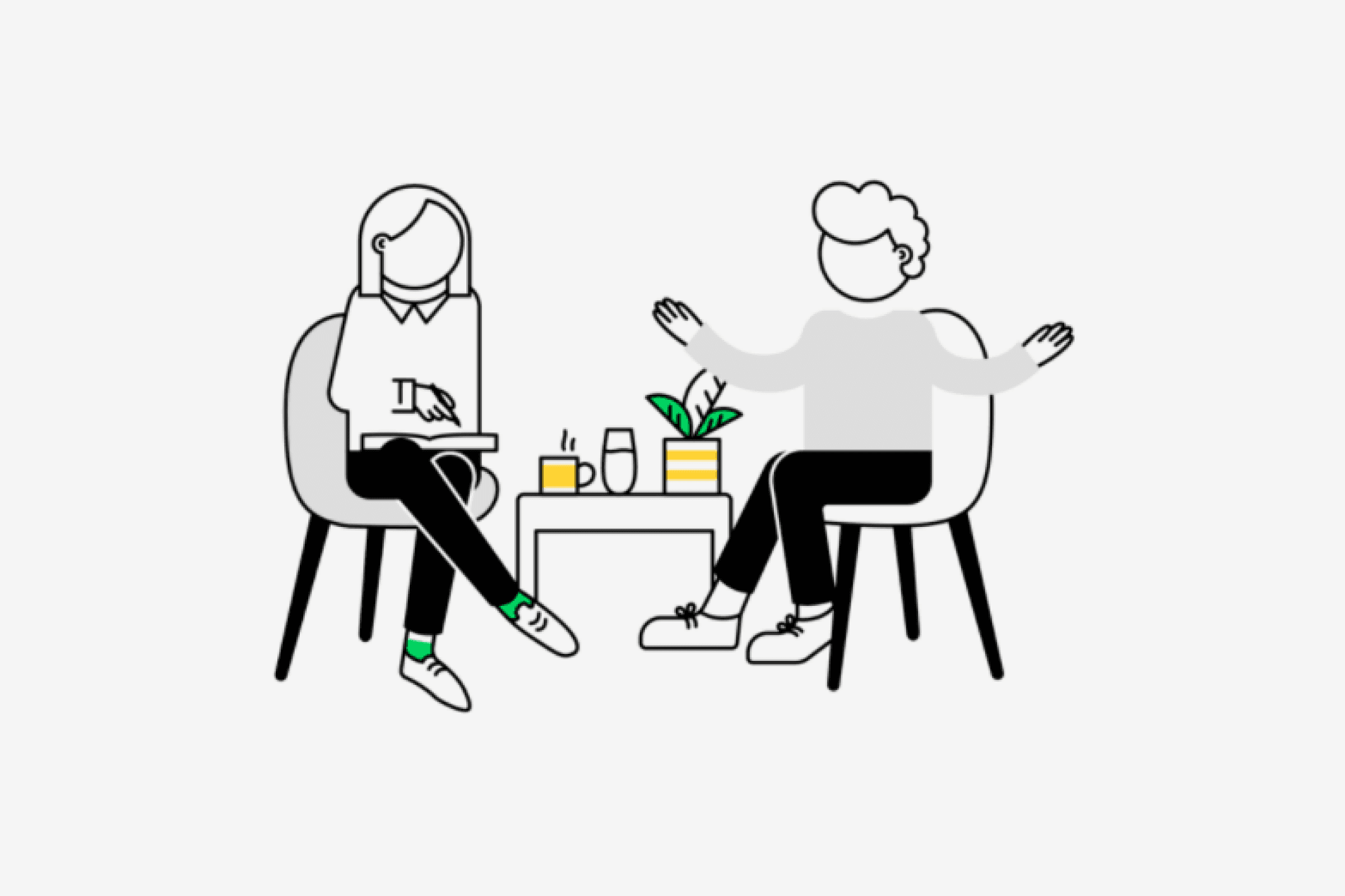 An illustration of two characters sitting on the chairs chatting