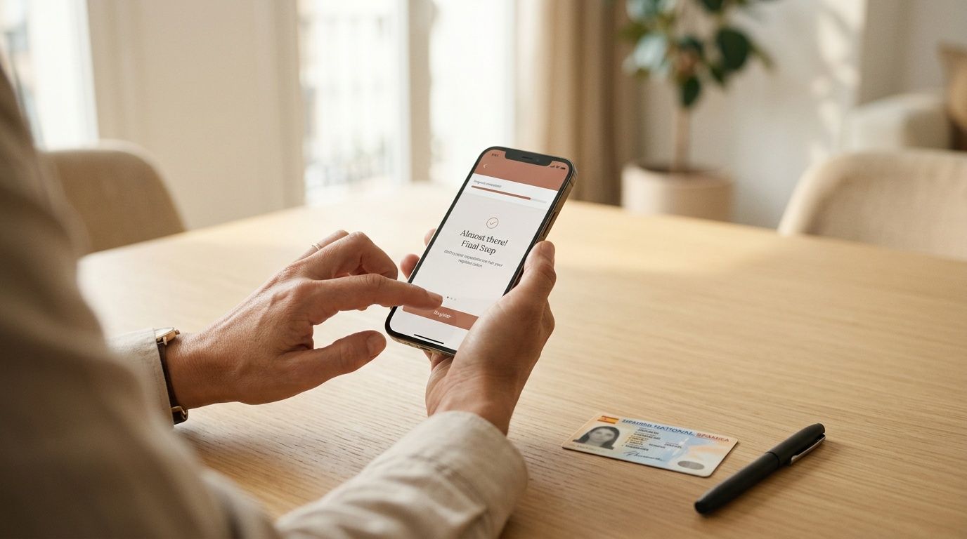 Persona usando un smartphone para un paso final, con una tarjeta de identificación española y un bolígrafo en la mesa.