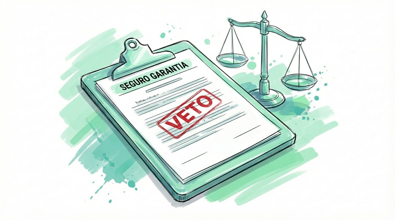 Ilustração em estilo de esboço de design industrial (marker sketch) nas cores verde menta e branco. No centro, uma prancheta exibe um documento com o título "SEGURO GARANTIA", marcado por um carimbo vermelho de "VETO". Ao fundo, uma balança da justiça desenhada com traços finos simboliza a decisão jurídica da LC 225/26 e a mudança de preferência para o depósito judicial no contencioso tributário.