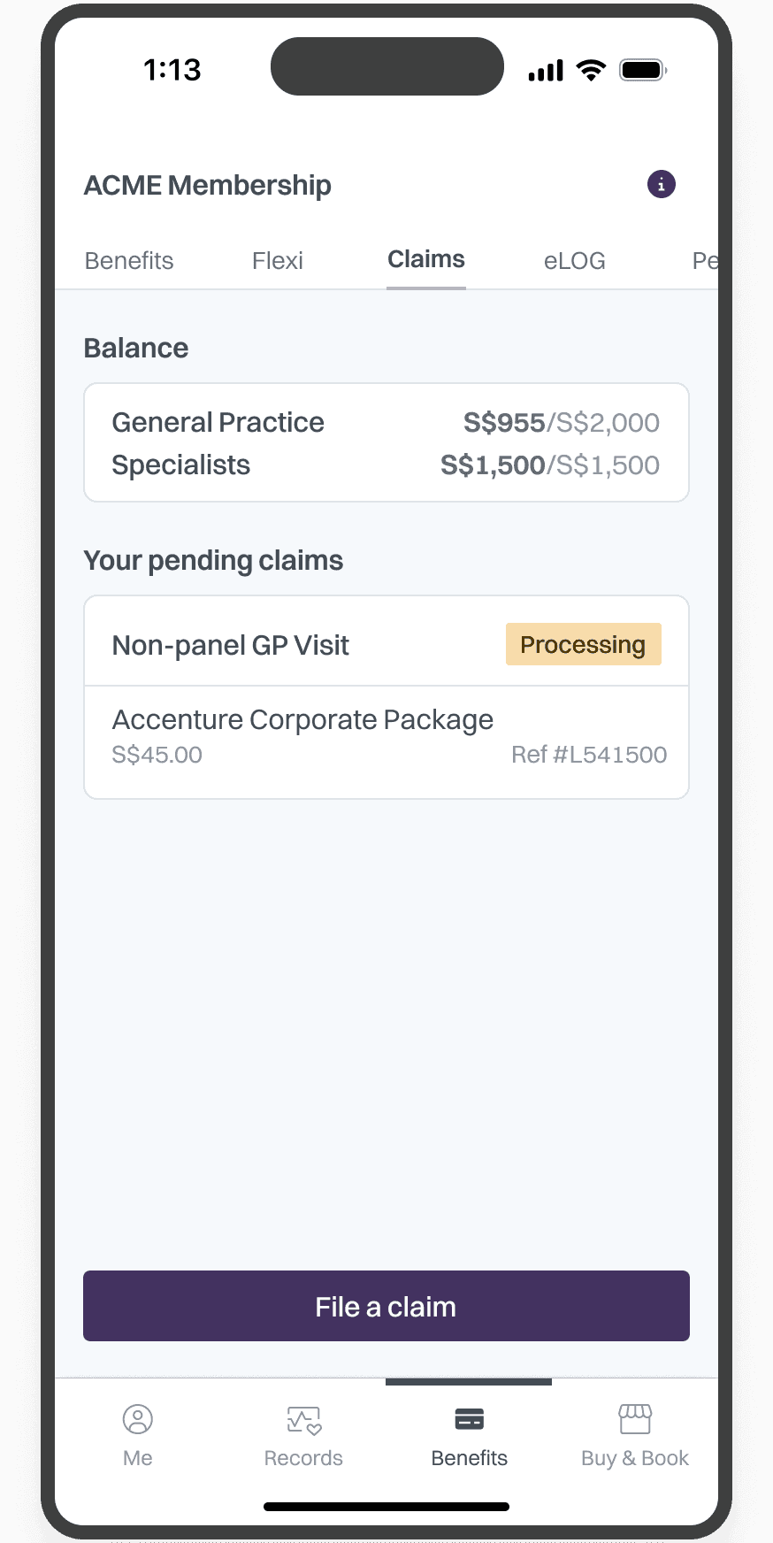 A view of the claims tab in the ACME membership app, detailing balances for general practice and specialist visits and displaying the status of pending claims.