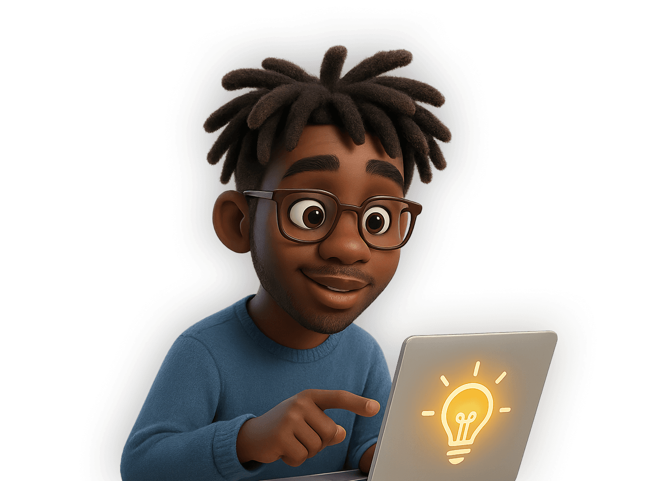 3D illustration of a smiling designer with glasses using a laptop that displays a glowing lightbulb icon