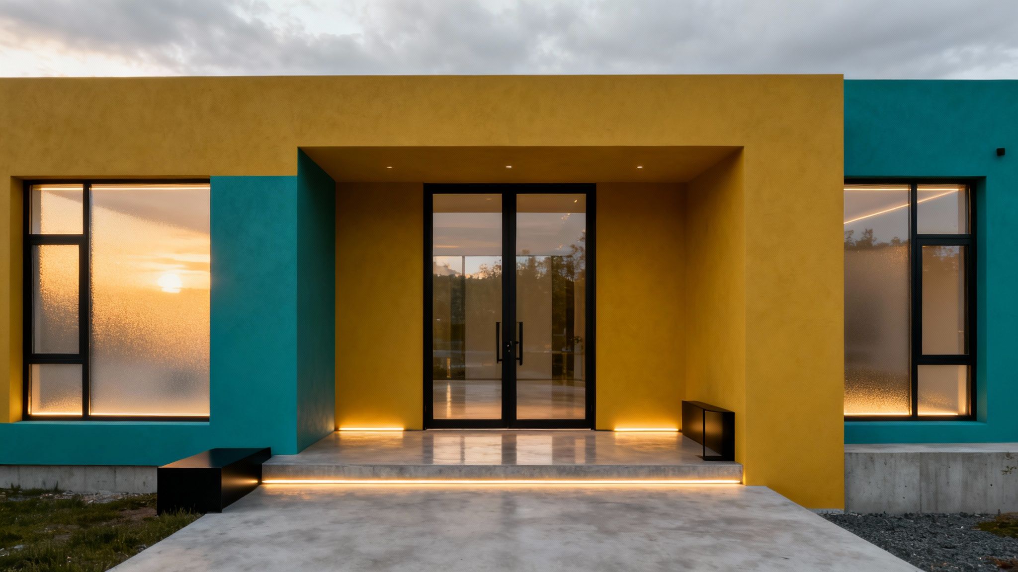 A modern restaurant exterior with inviting lighting and large windows.