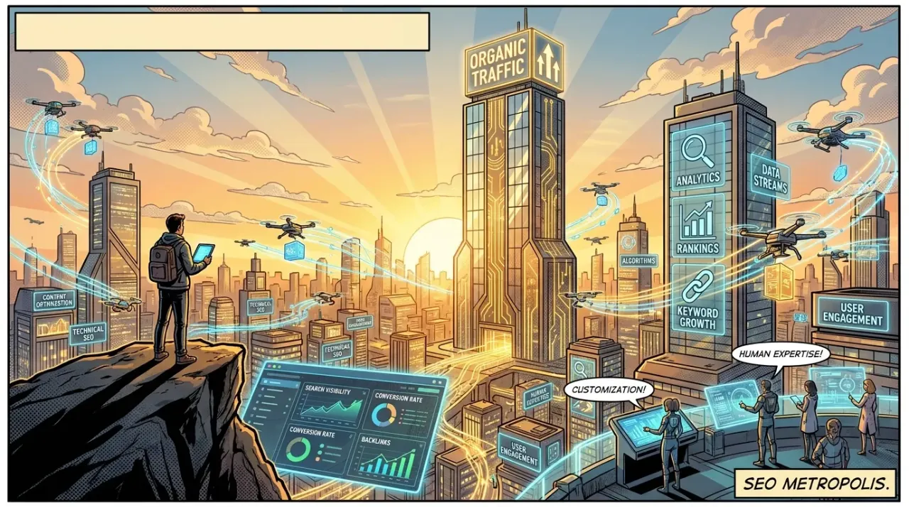 SEO Metropolis cityscape with data towers and drones; RockN' Socials theme.
